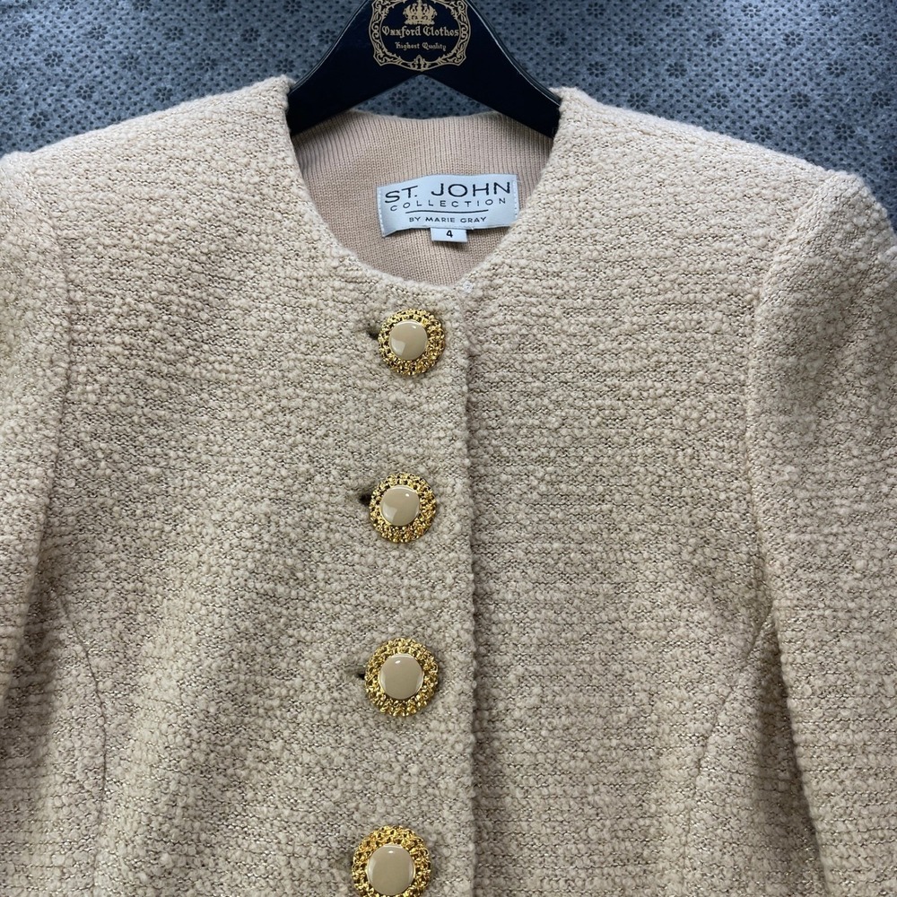 St John Collection Marie Gray Santana Knit Skirt Suit Beige Gold Metallic 4 6 - Picture 11 of 16